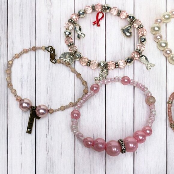 Breast Cancer Awareness Bracelet Bundle Pink Gold Silver Beaded Stretch OS - Picture 2 of 5